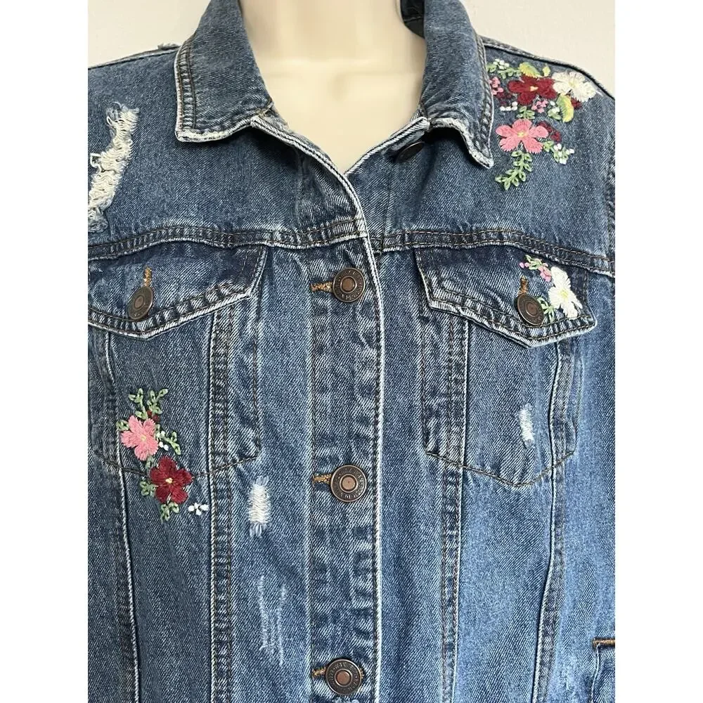 Wax Jean Floral Embroidered Distressed Denim Jacket Cowgirl Western Prairie Sz S - Picture 3 of 12